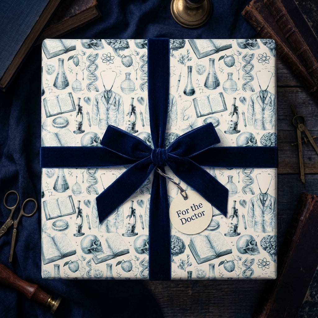 Vintage doctor wrapping paper with medical sketches and a navy velvet bow by Wrapped Studios.
