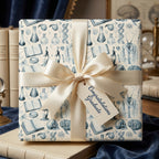 Medical graduation gift wrap with vintage science pattern, cream bow, and graduate tag by Wrapped Studios.