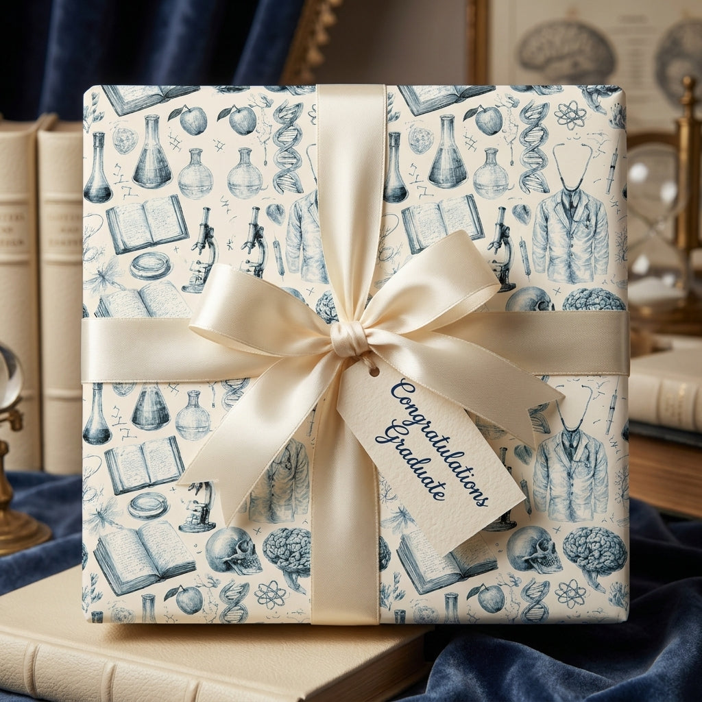 Medical graduation gift wrap with vintage science pattern, cream bow, and graduate tag by Wrapped Studios.