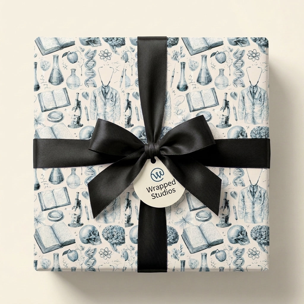 Vintage science wrapping paper with medical illustrations and a black bow, by Wrapped Studios.