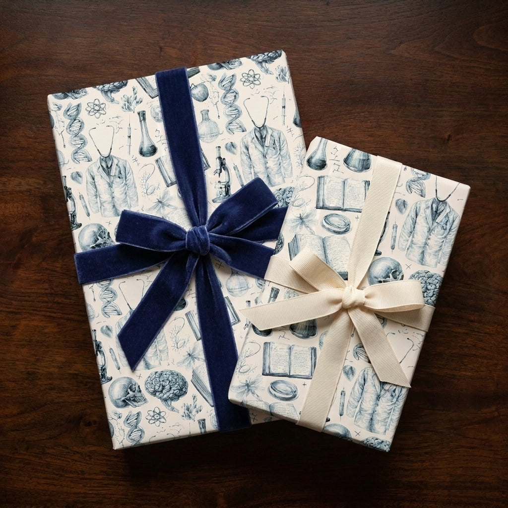 Vintage medical wrapping paper with science illustrations and velvet bow by Wrapped Studios.