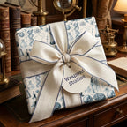 Vintage science wrapping paper with blue medical sketches and a cream bow by Wrapped Studios.