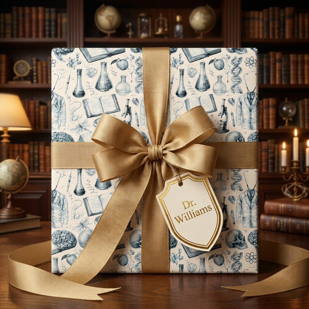 Vintage science wrapping paper with a gold bow on a doctor's gift, by Wrapped Studios.