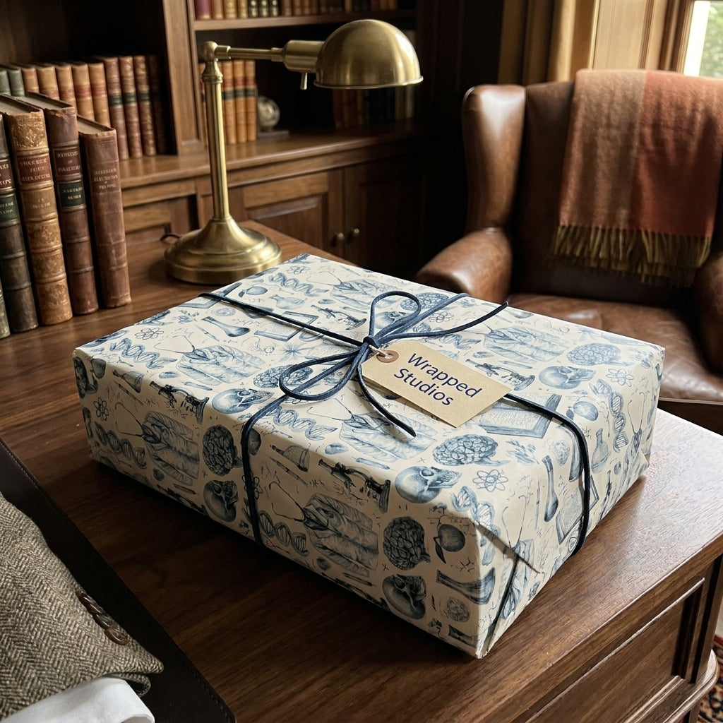 Vintage science anatomy wrapping paper on a gift box with a blue ribbon by Wrapped Studios.