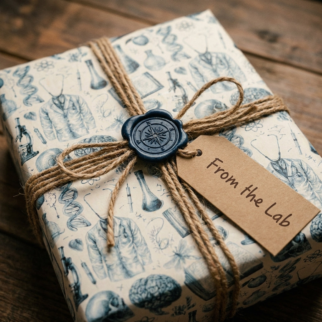 Vintage science wrapping paper with lab sketches, jute twine, and blue wax seal by Wrapped Studios.