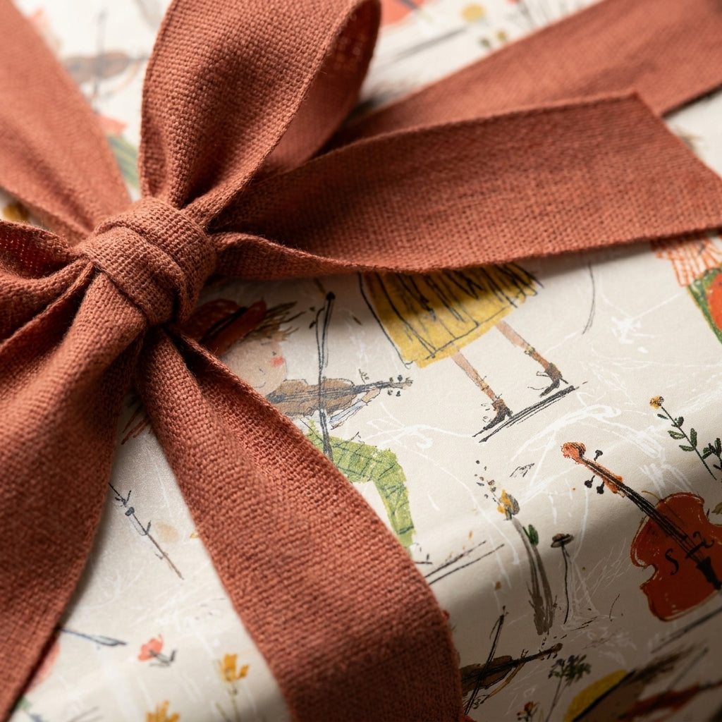 Whimsical vintage wrapping paper with illustrated musicians and a rust orange bow by Wrapped Studios.