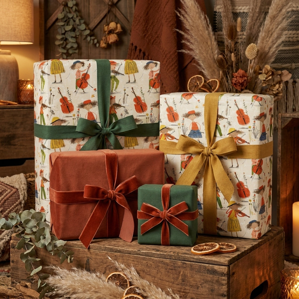 Rustic holiday wrapping paper with whimsical music illustrations and velvet bows by Wrapped Studios.