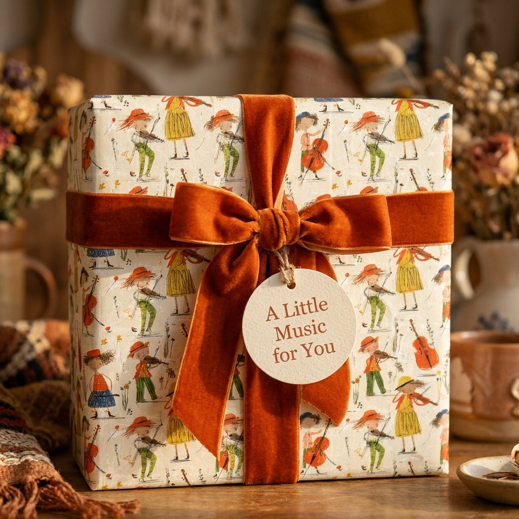 Whimsical vintage wrapping paper with musicians and a burnt orange velvet bow by Wrapped Studios.