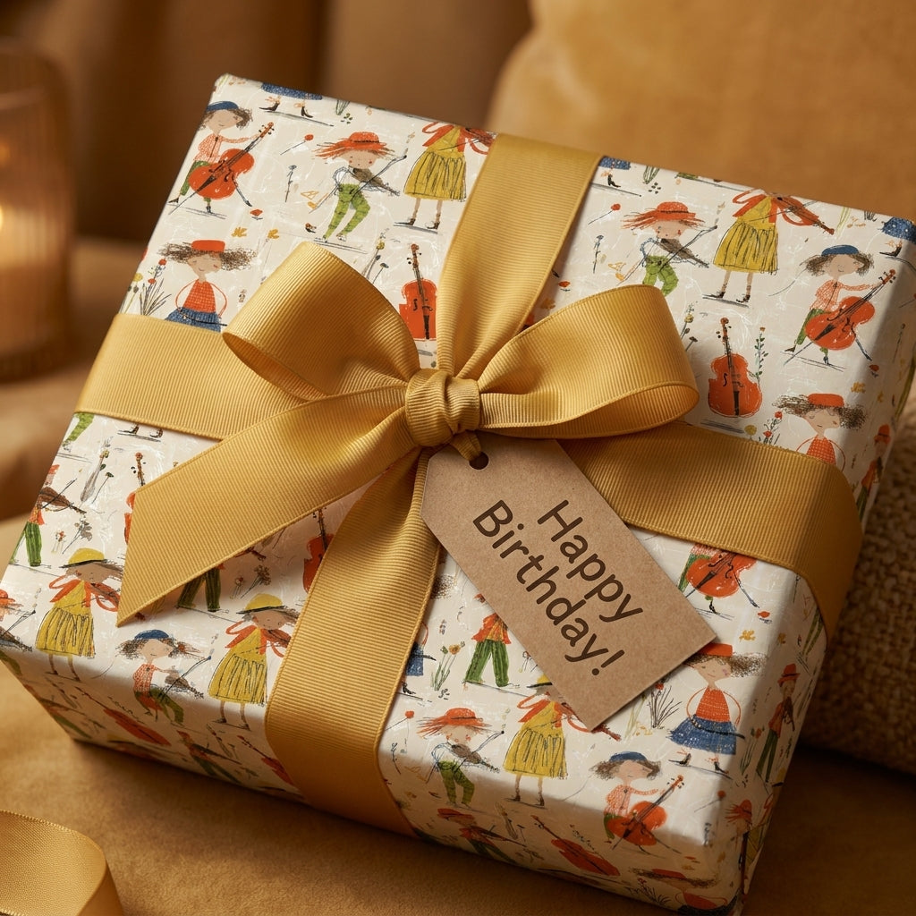 Whimsical musical birthday wrapping paper with a gold bow and Happy Birthday tag by Wrapped Studios.
