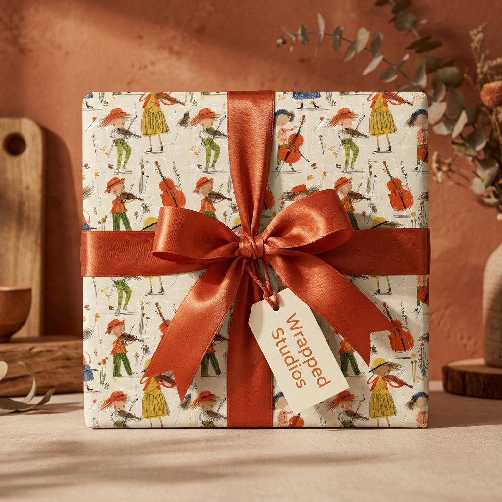 Whimsical music wrapping paper by Wrapped Studios with kids playing instruments and a rust orange bow.