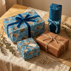 Coastal sea turtle wrapping paper on elegant gift boxes with navy velvet ribbon by Wrapped Studios.