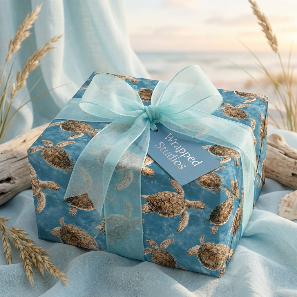 Coastal sea turtle wrapping paper by Wrapped Studios, with a light blue ribbon in a beach setting.