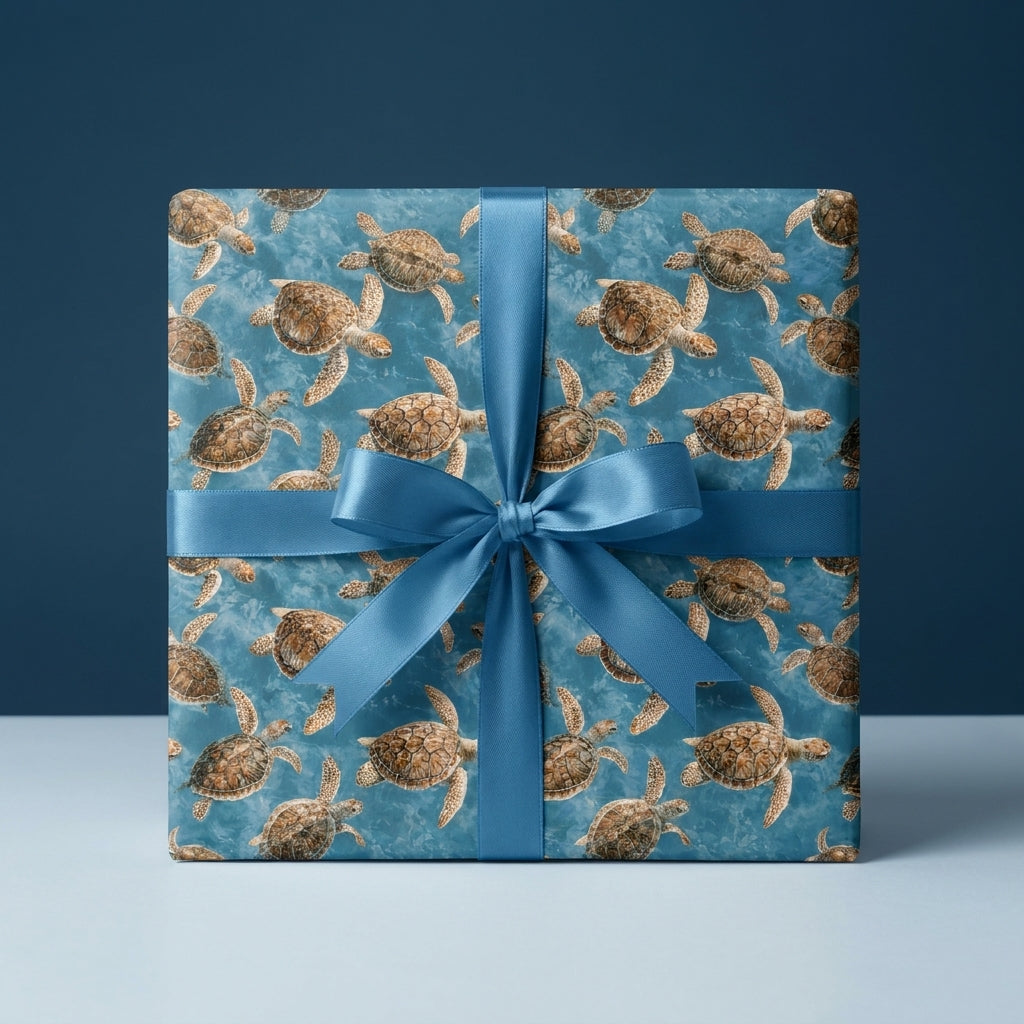 Ocean sea turtle wrapping paper with a blue satin bow on a gift box by Wrapped Studios.