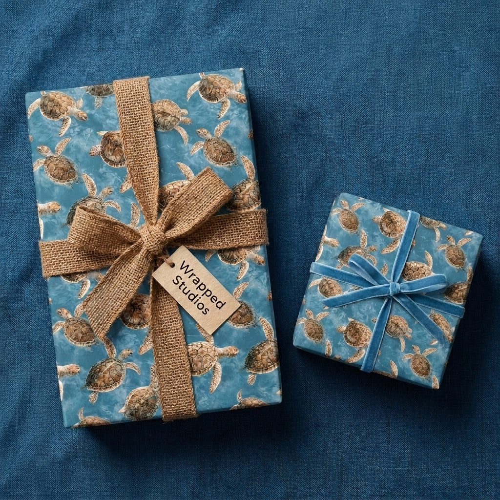 Sea turtle wrapping paper on gift boxes with burlap and velvet ribbons by Wrapped Studios.