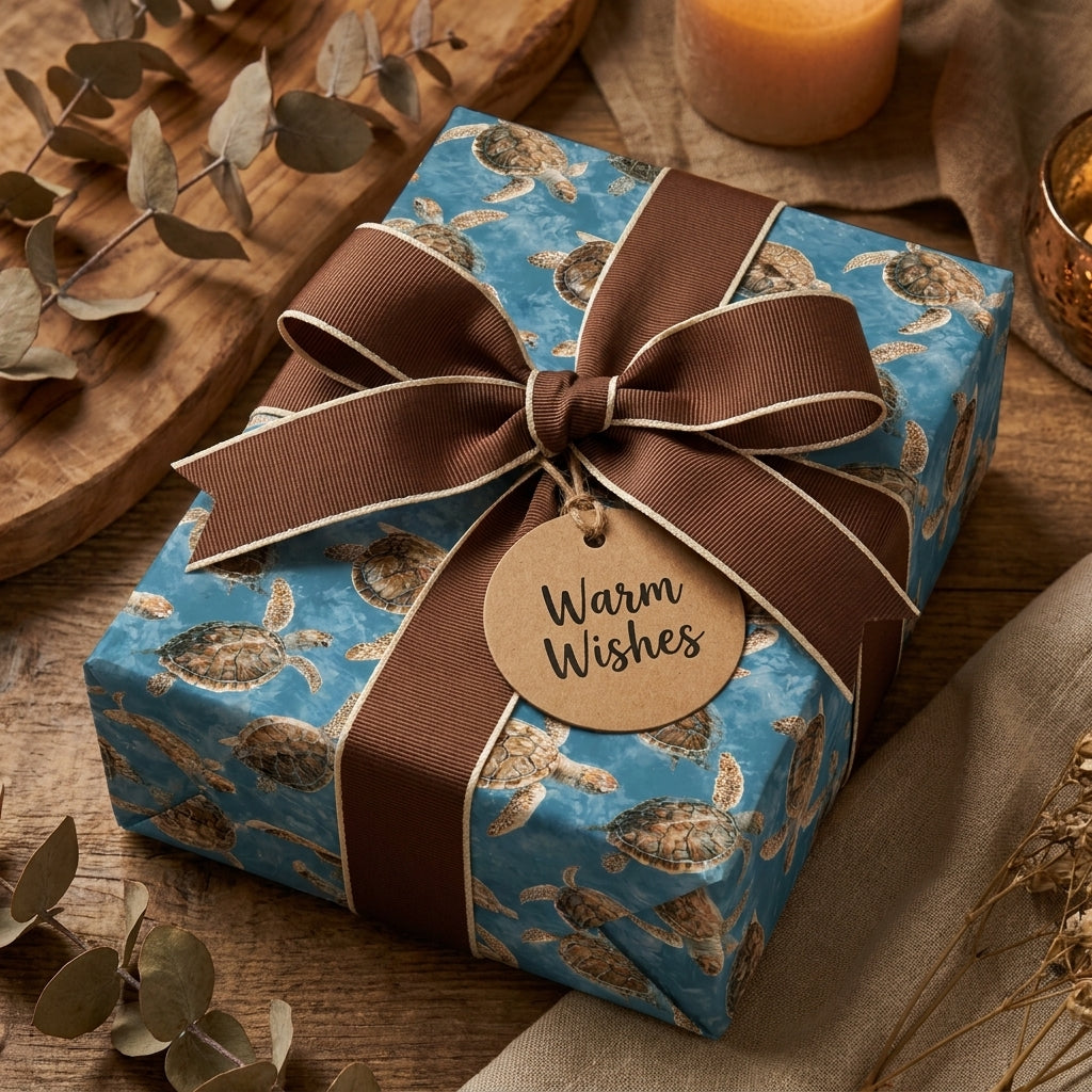 Sea turtle wrapping paper on a gift box with a brown ribbon and tag by Wrapped Studios.