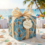 Coastal sea turtle wrapping paper on a beach birthday gift with a raffia bow by Wrapped Studios.
