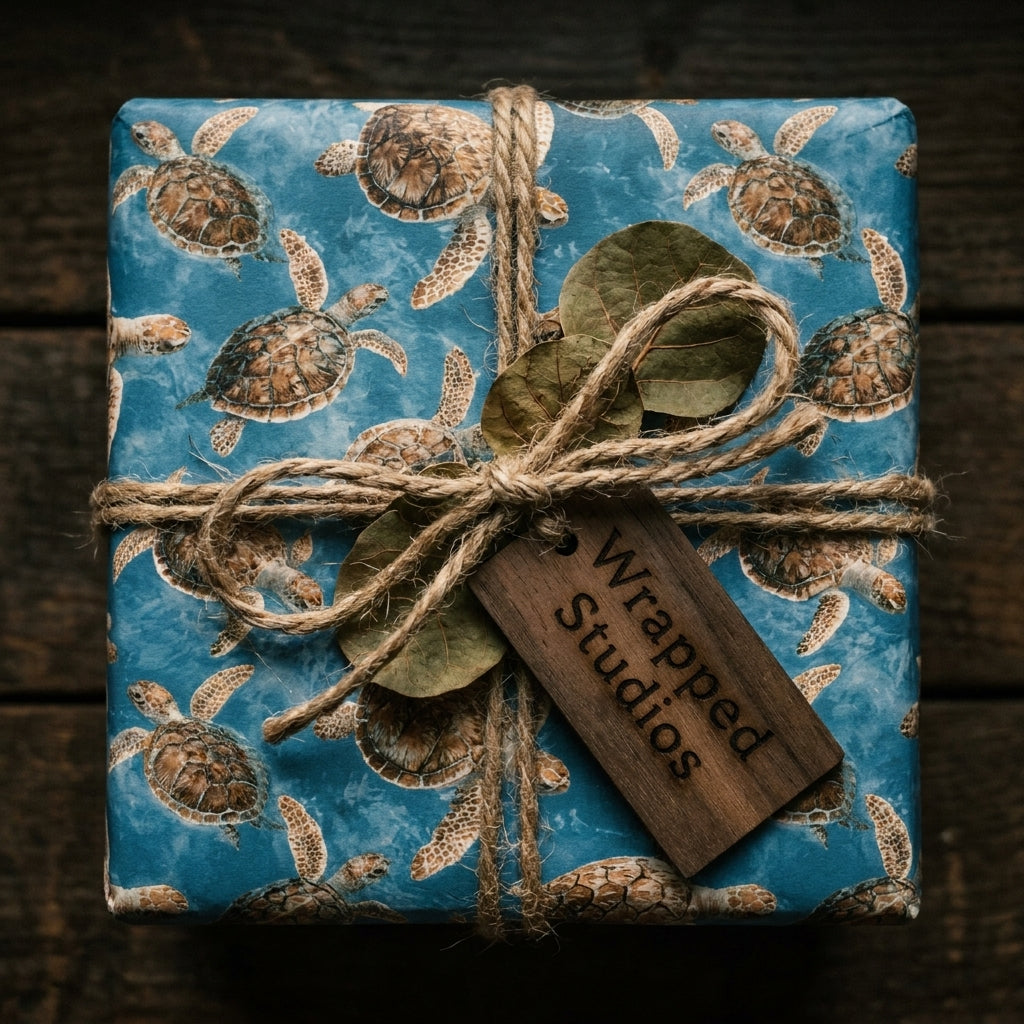 Ocean blue sea turtle wrapping paper by Wrapped Studios, tied with a rustic twine bow.