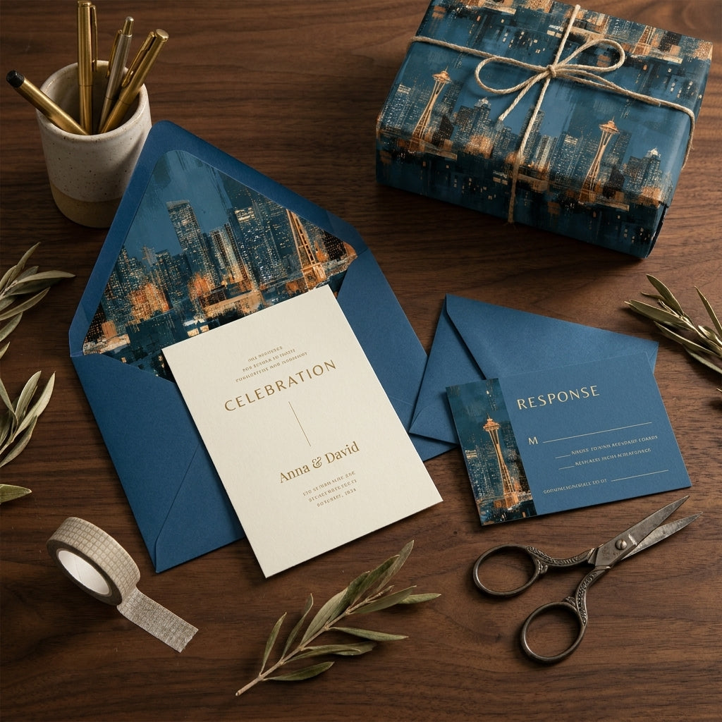 Blue Seattle skyline wrapping paper and elegant wedding invitation set by Wrapped Studios.