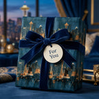 Luxury Seattle skyline wrapping paper with a navy velvet bow and gift tag, by Wrapped Studios.
