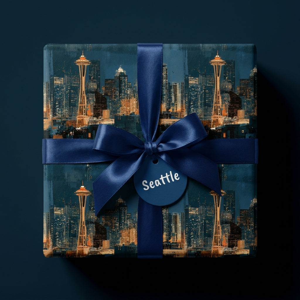 Seattle skyline wrapping paper with a navy blue satin bow and gift tag by Wrapped Studios.