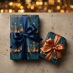 Seattle skyline wrapping paper with navy and copper ribbons on gift boxes by Wrapped Studios.