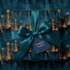 Luxury Seattle city skyline wrapping paper with a teal satin bow by Wrapped Studios.
