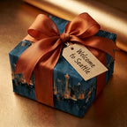 Seattle skyline wrapping paper with a copper bow and 'Welcome to Seattle' gift tag by Wrapped Studios.