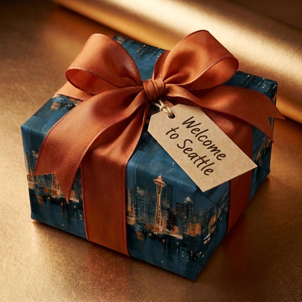 Seattle skyline wrapping paper with a copper bow and 'Welcome to Seattle' gift tag by Wrapped Studios.