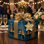Seattle skyline luxury wrapping paper with a gold bow on a gift box, by Wrapped Studios.