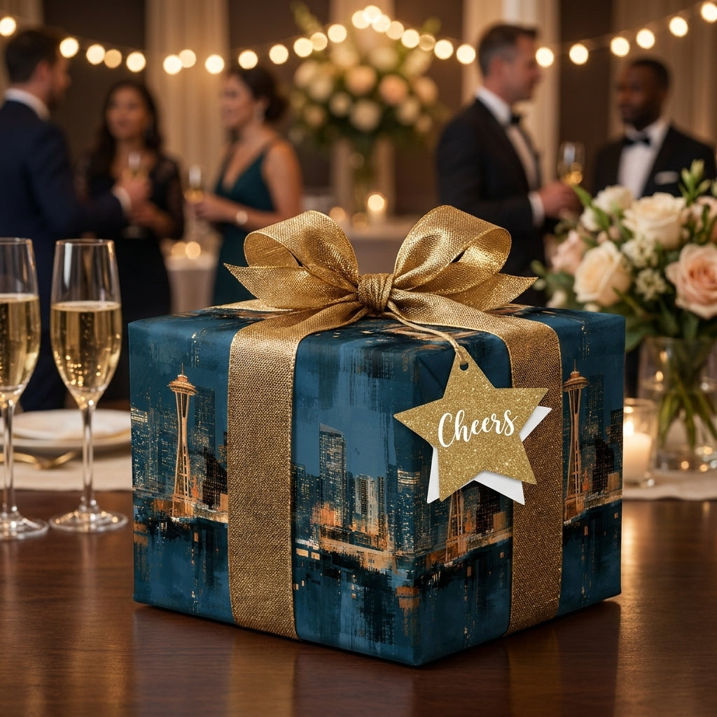 Seattle skyline luxury wrapping paper with a gold bow on a gift box, by Wrapped Studios.