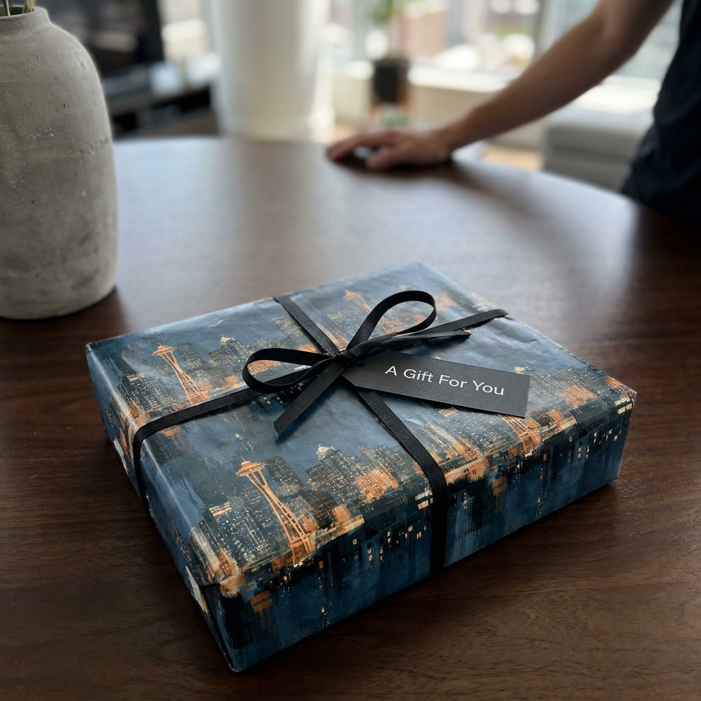 Seattle skyline wrapping paper by Wrapped Studios on a gift box with a black ribbon.