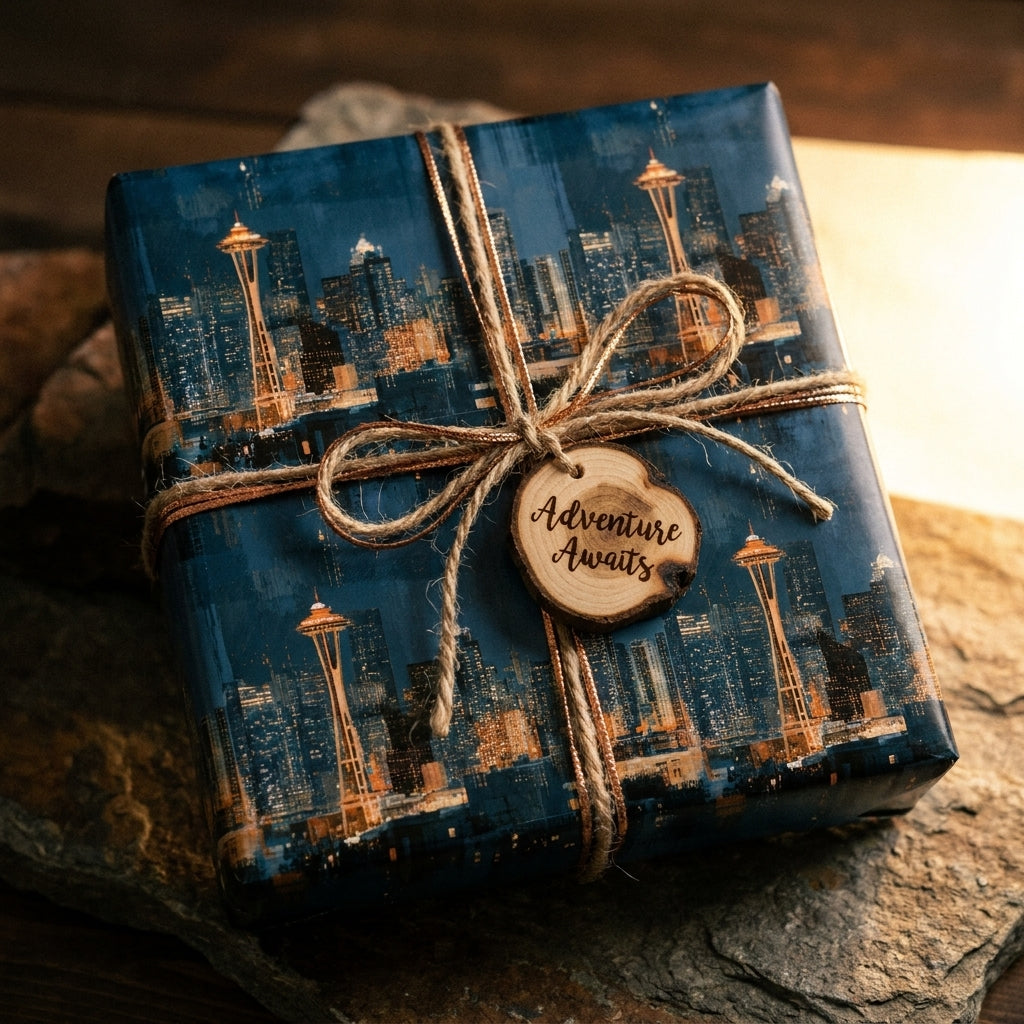 Seattle skyline wrapping paper with a twine bow and Adventure Awaits tag by Wrapped Studios.