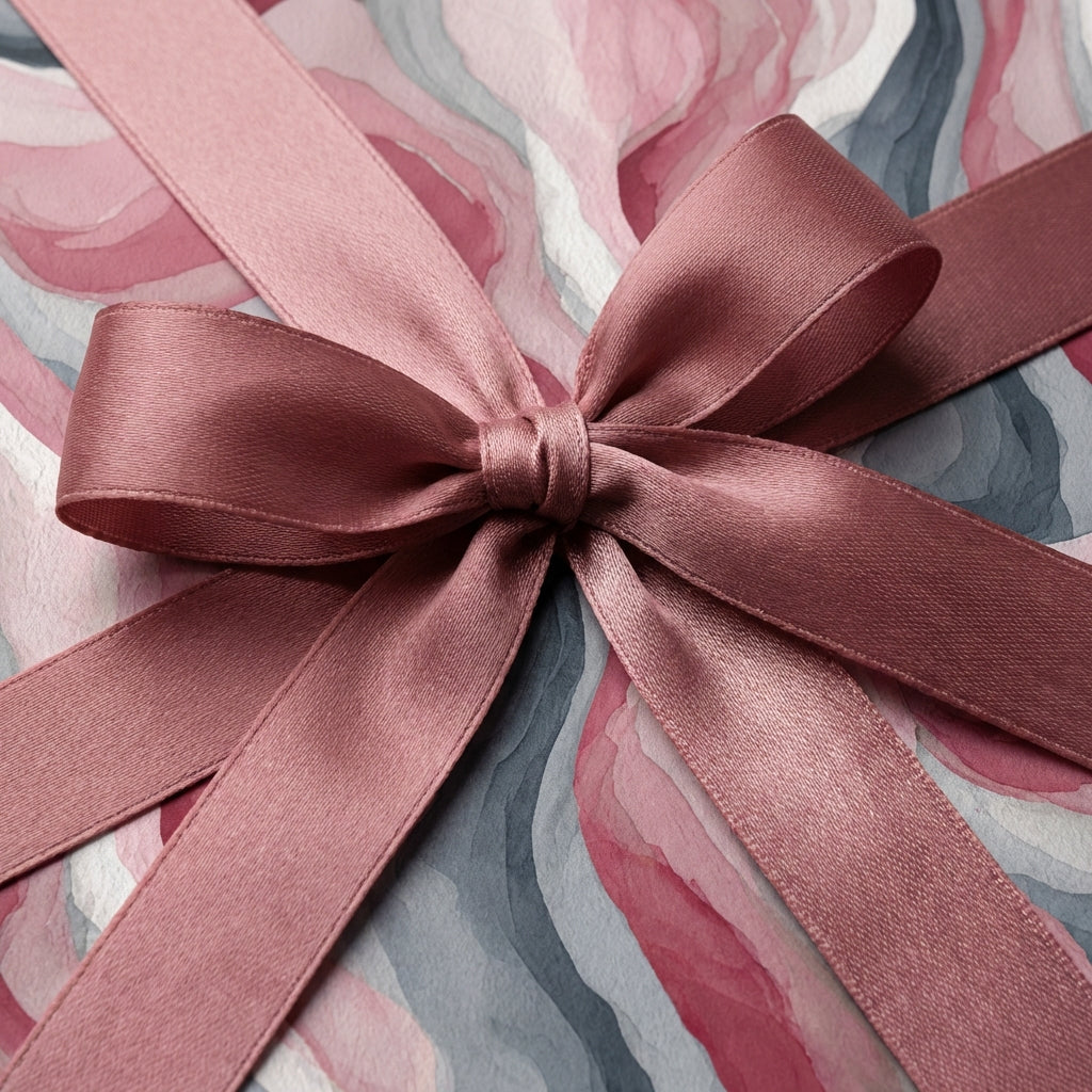 Mauve ribbon on pink and grey abstract watercolor wrapping paper.