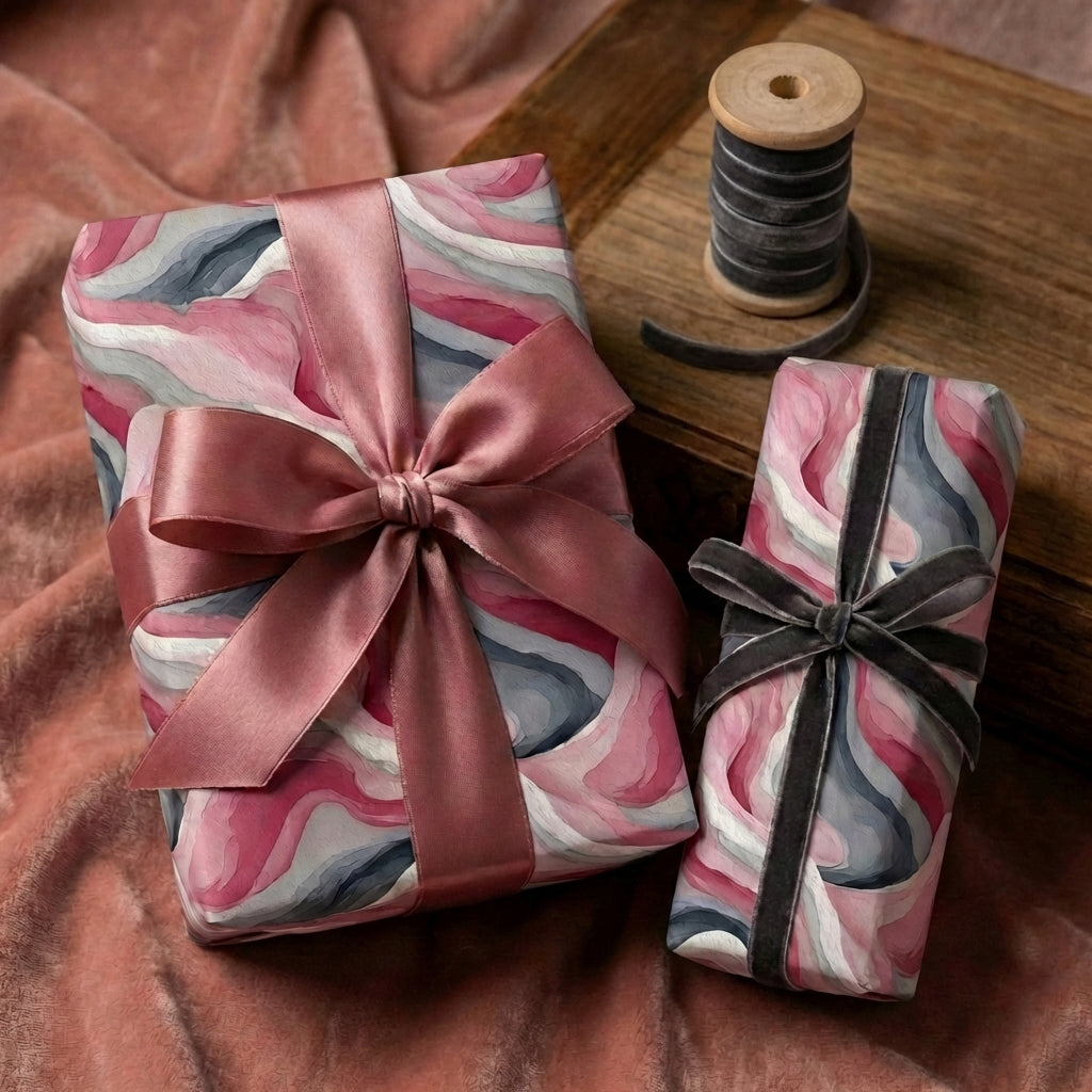 Luxury gift wrap in watercolor-inspired pink and gray marble design with satin and velvet bows.