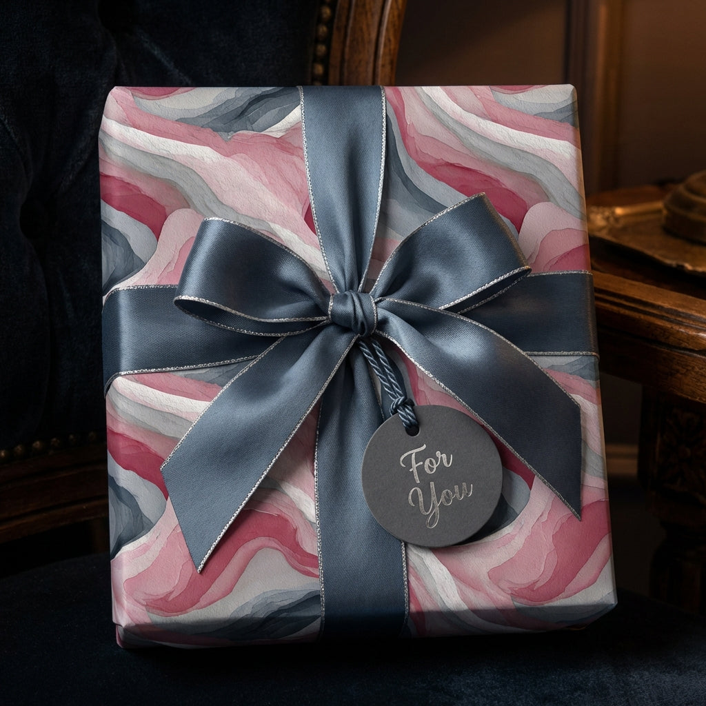 Elegant gift wrapped in pink, gray watercolor pattern paper with slate blue ribbon and "For You" tag.