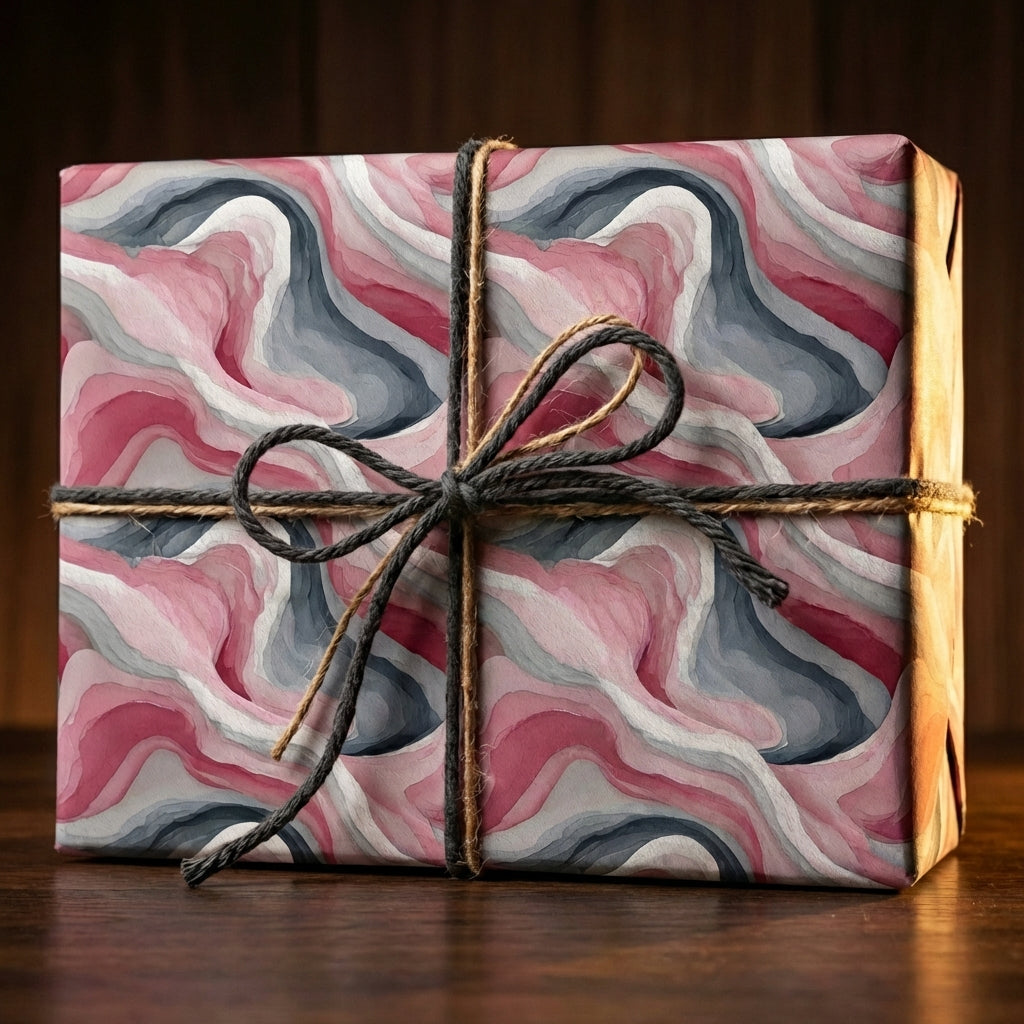 Elegant gift wrapped in modern blush and gray swirl wrapping paper with rustic twine bow.