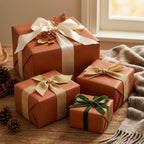 Rust-colored gift boxes wrapped in burlap, velvet, and satin ribbons for rustic autumn or holiday present wrapping.