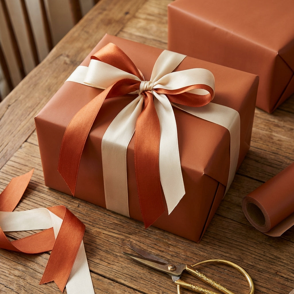Elegant gift wrapped in solid copper wrapping paper with cream and copper ribbon, rustic wood background.