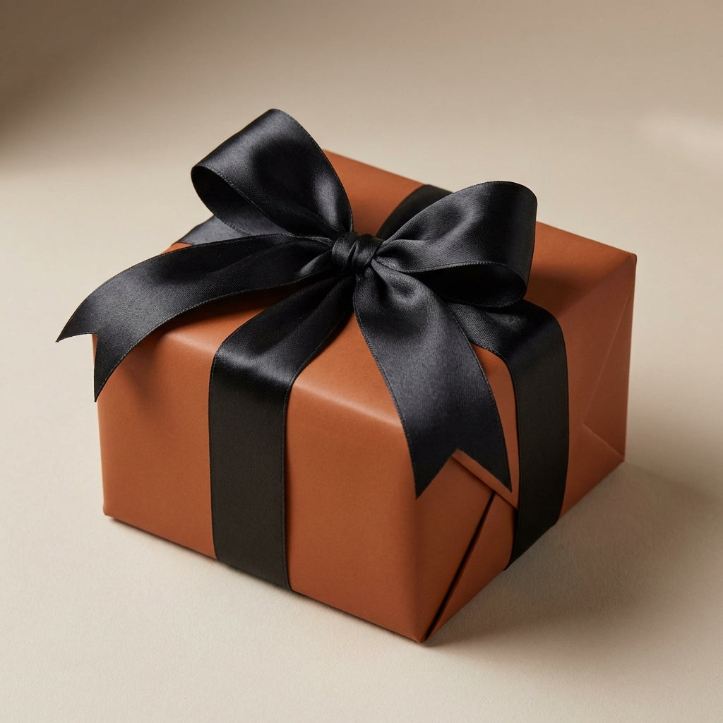 Gift wrapped in terracotta paper with a black satin ribbon and bow, elegant present.