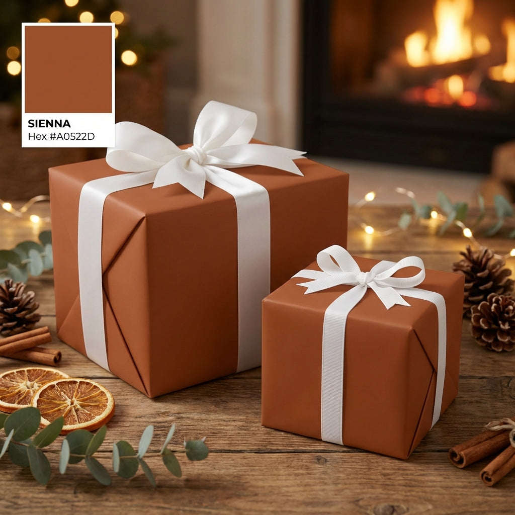 Sienna brown wrapping paper on gifts with white ribbon, holiday gift wrap idea.