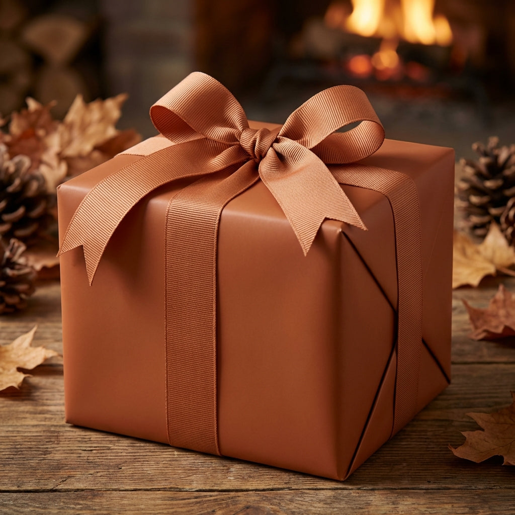 Rustic brown gift wrapping paper on a square present with a matching satin ribbon, next to fall leaves & pinecones.