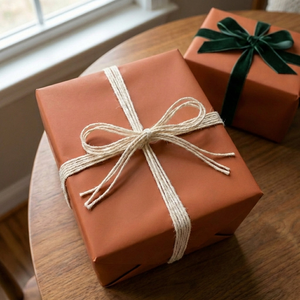Rustic brown gift wrap with twine bow, next to box with dark green velvet ribbon, perfect for Christmas or birthdays.