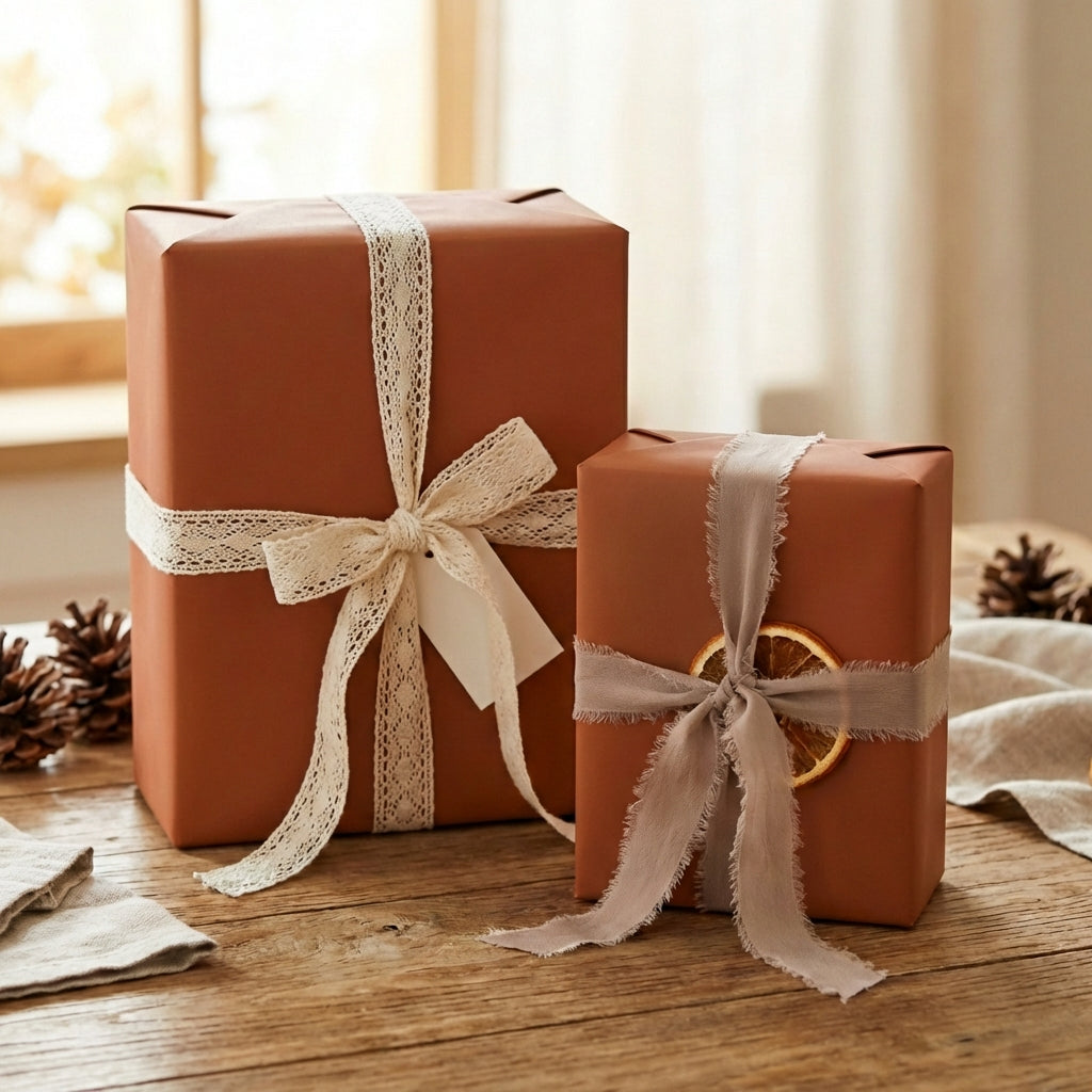 Two gifts wrapped in solid brown paper with lace and raw-edge ribbon on a rustic wood surface.
