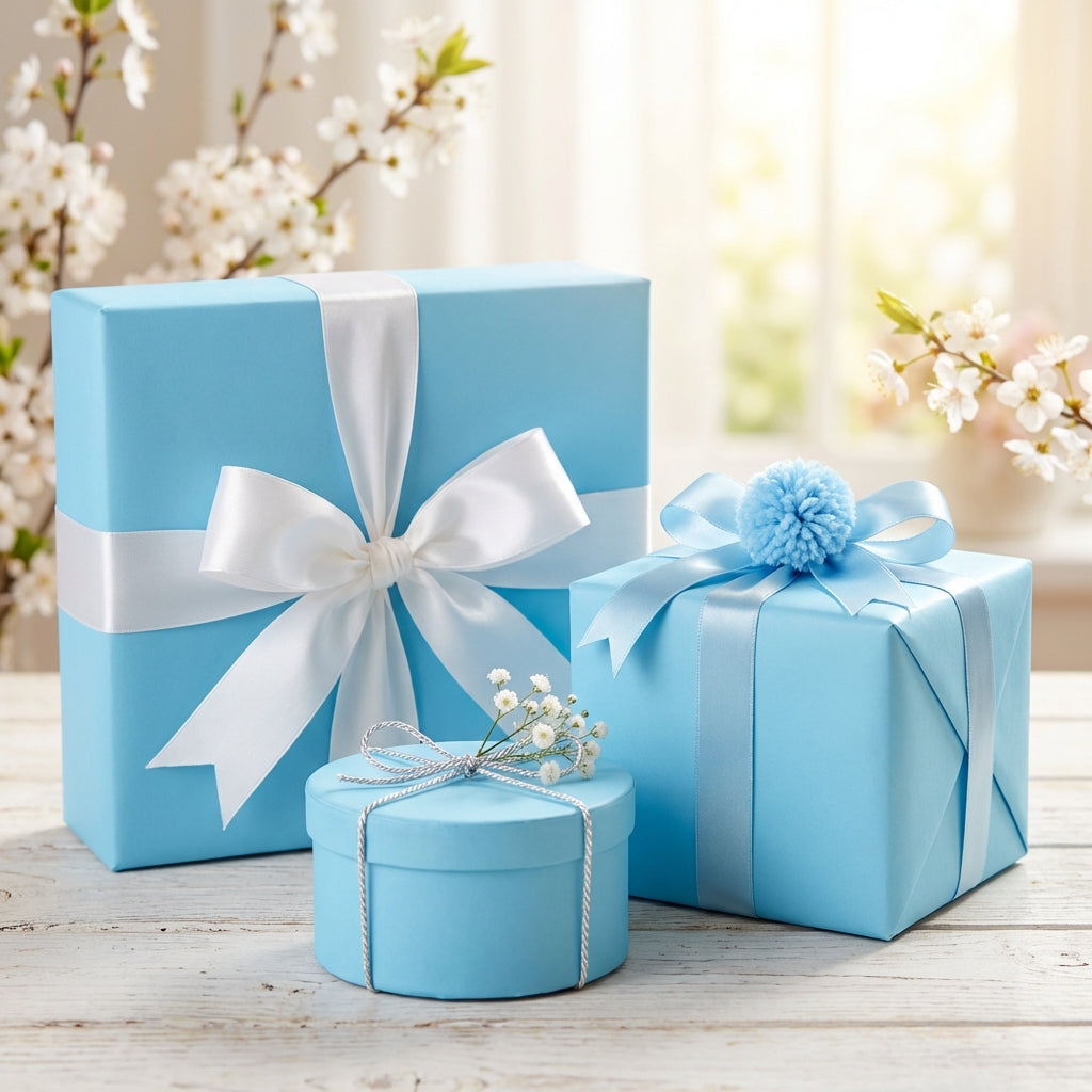 Light blue gift boxes wrapped in white ribbon for baby shower or birthday presents.