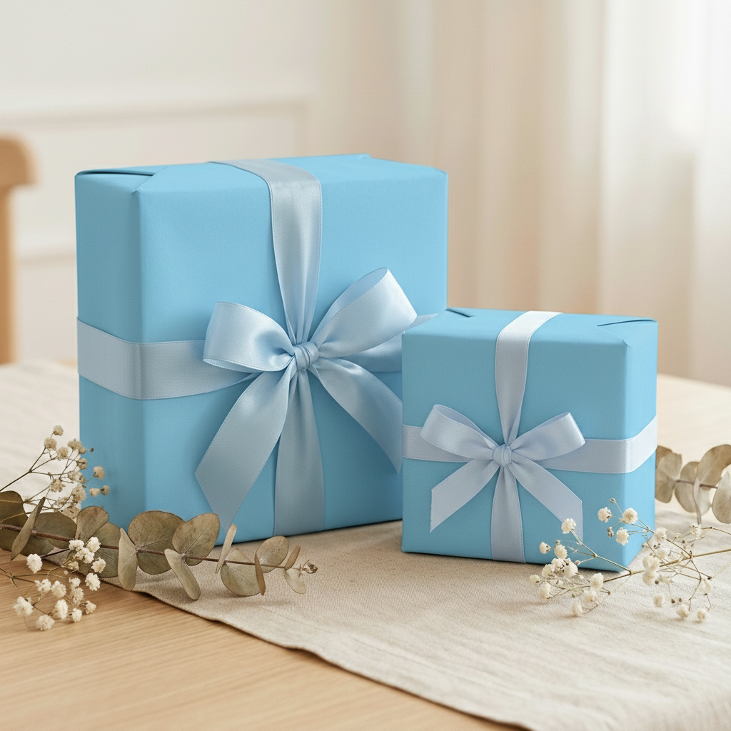Light blue gift wrap with satin ribbon on wrapped presents for baby shower, birthday, or elegant present.