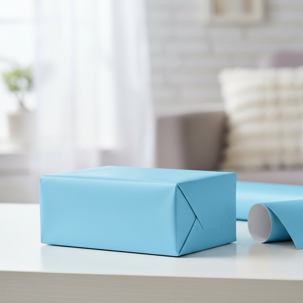 Light blue gift wrapped in solid wrapping paper, perfect for baby shower or birthday.