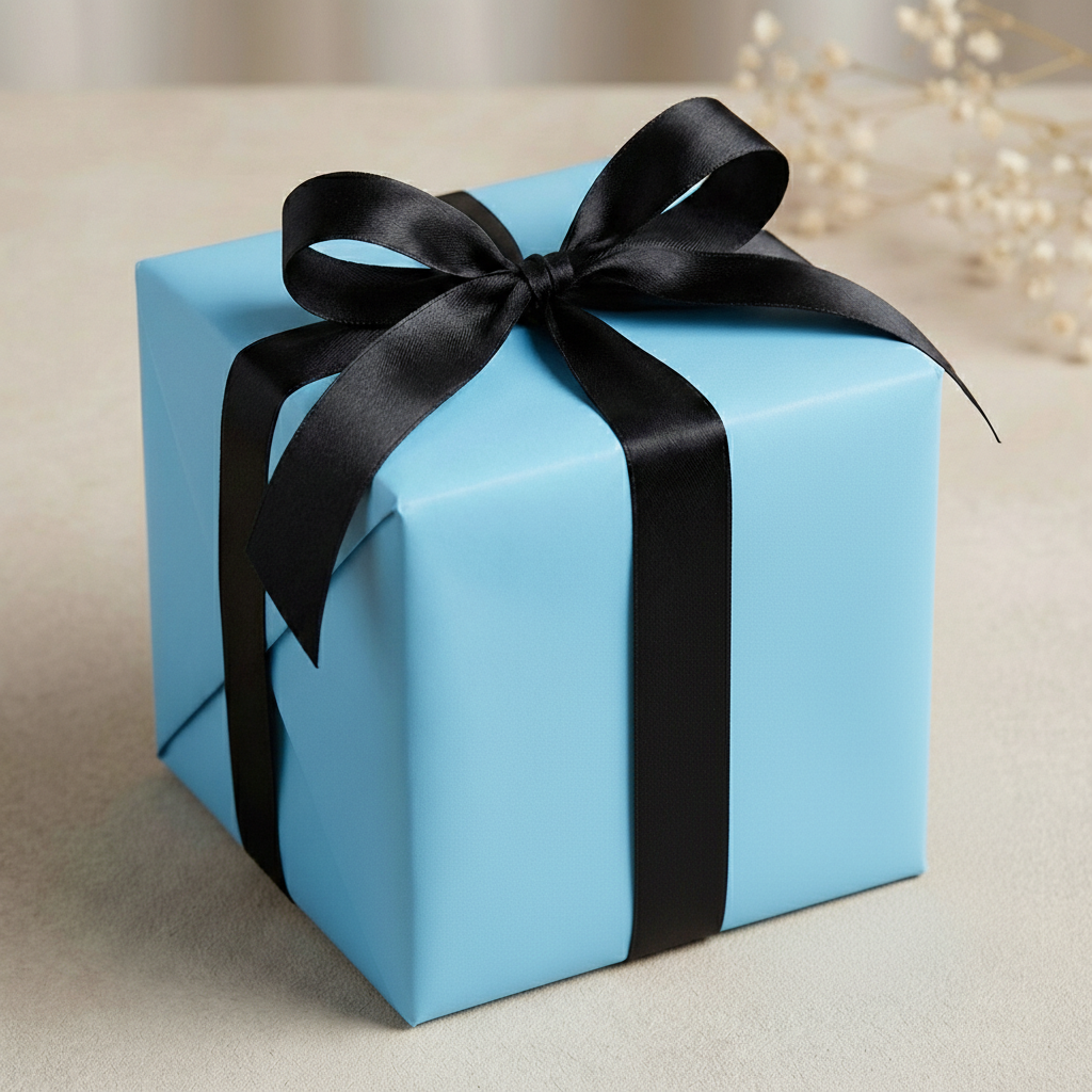 Light blue solid color wrapping paper on a square gift with black satin ribbon.