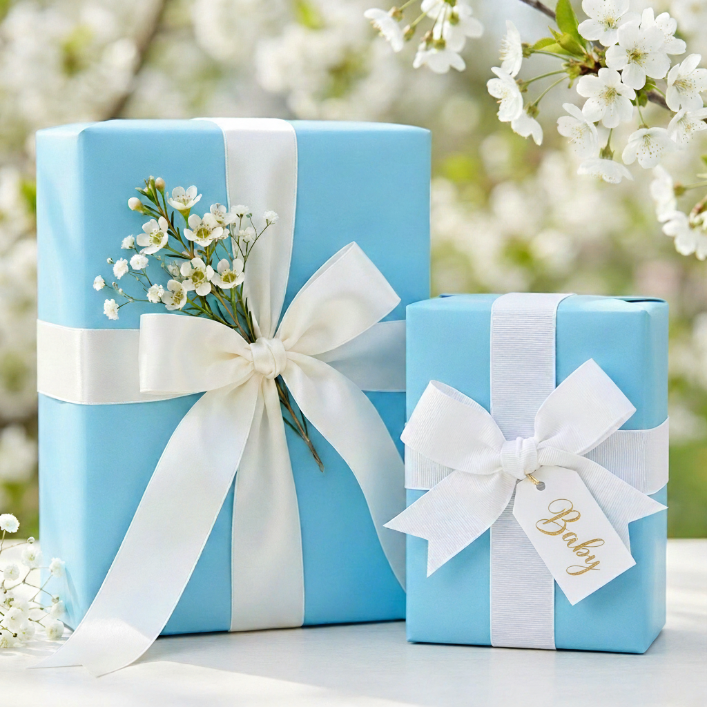 Baby shower gift wrap: Light blue wrapping paper with white ribbon and "Baby" tag.