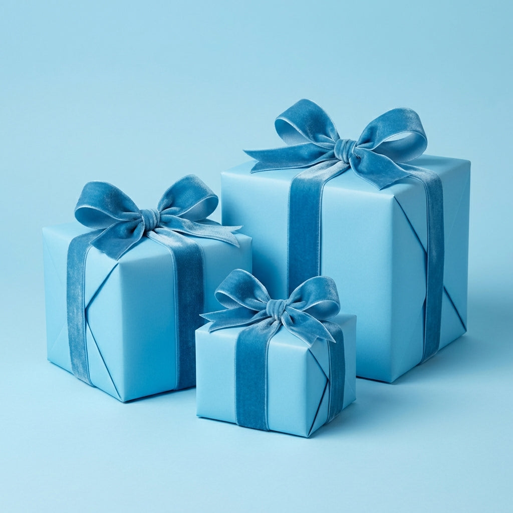 Three square gift boxes wrapped in light blue paper with matching velvet ribbons and bows.