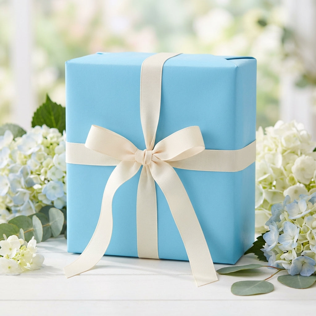 Light blue gift wrapped in solid color wrapping paper with cream ribbon, elegant present for birthday or wedding.